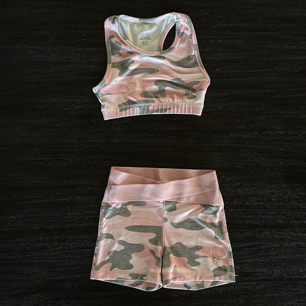 Justice Active Girls 6/7 pink Camo Sports Bra and Shorts